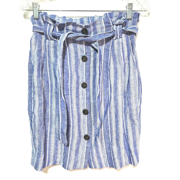 H&M Linen Blend Paperbag Skirt Minimalist Blue Stripe Button-Up Belt Sz 4 NWOT - Picture 2 of 8